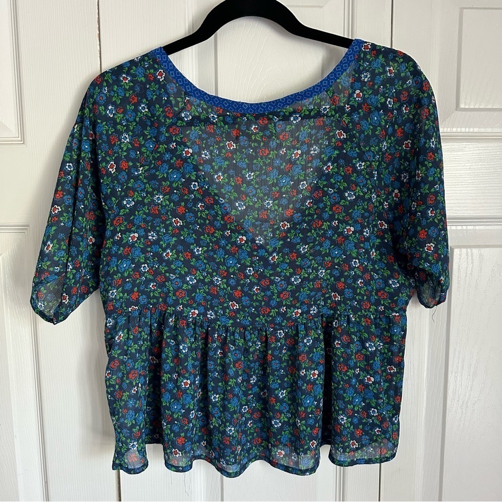 Hollister Womens S Blue Ditsy Floral Pleated Sheer Chiffon Top Boho Cottage - Picture 4 of 16